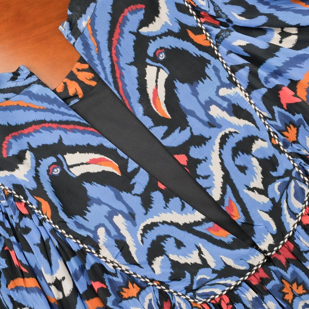 Farm Rio Gathered Printed Crepe de Chine Bishop-Sleeve Maxi Dress, Blue/Red, L - Picture 10 of 14